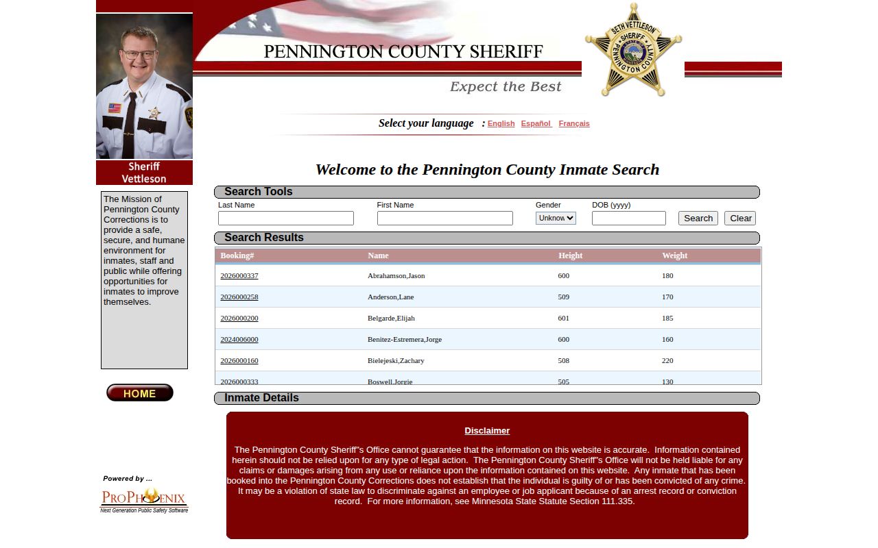 Pennington County current-custody inmate locator for booking record searches