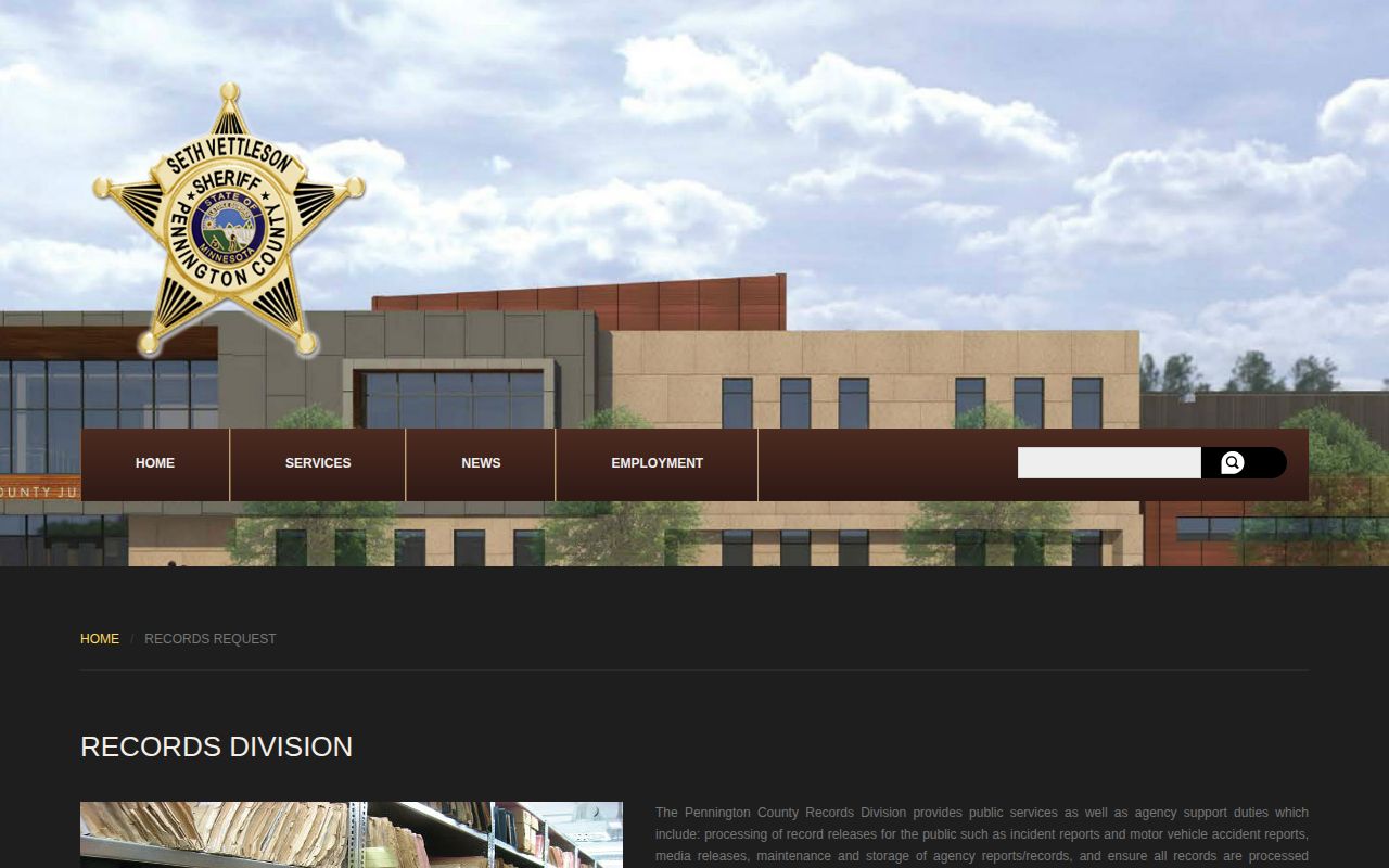Pennington County booking record request information from the Sheriff's Records Division