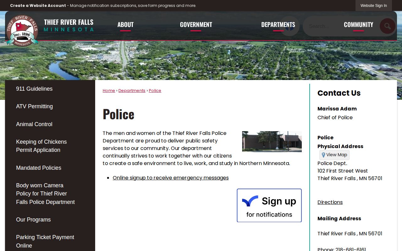 Thief River Falls Police Department official contact page for arrest-record routing